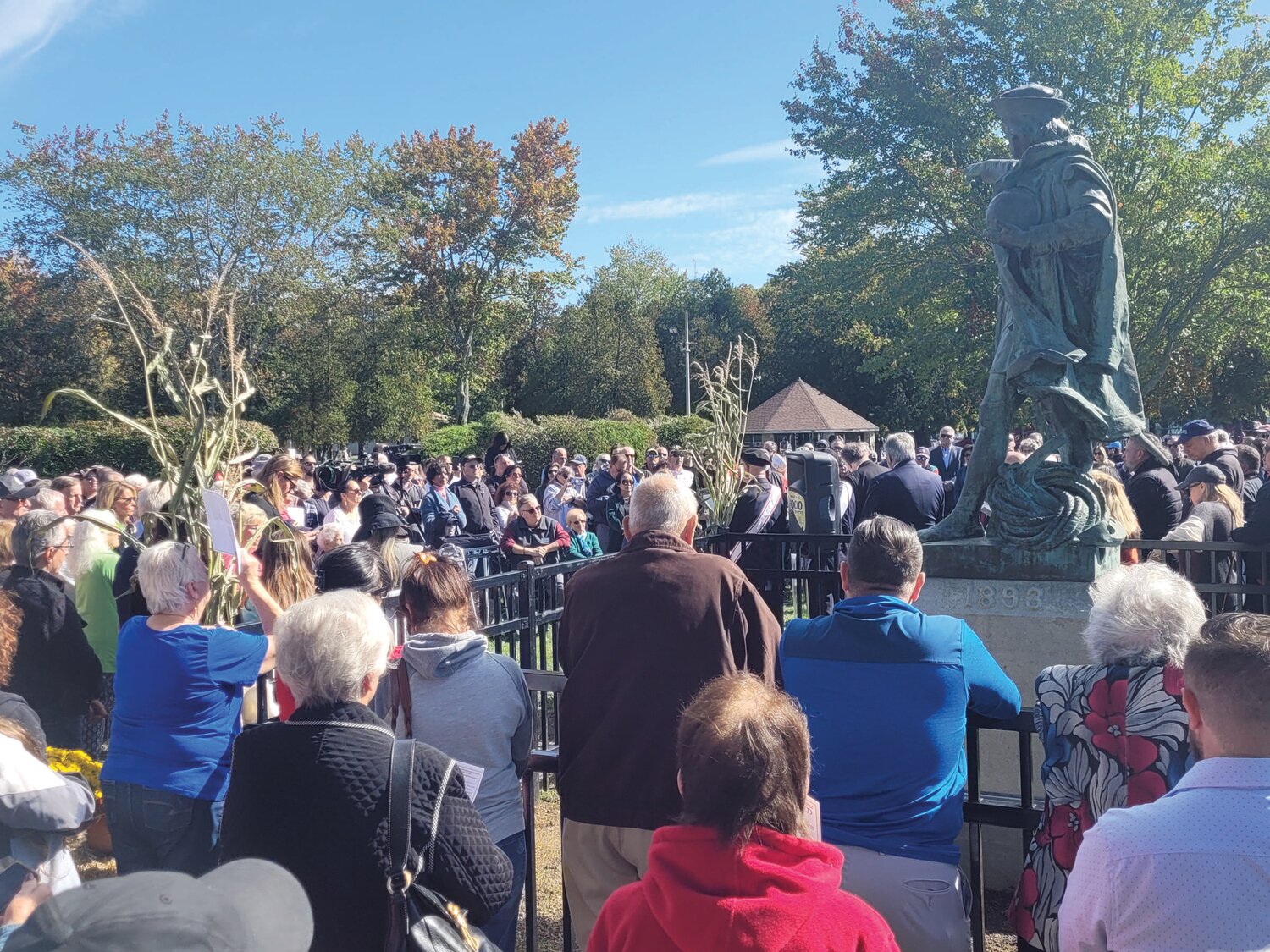 COLUMBUS DAY CROWD: The island at Memorial Park was packed Monday as Johnston celebrated the unveiling of their new/old Columbus statue.